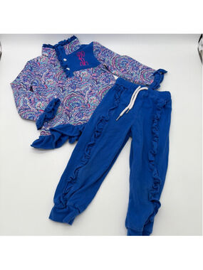 Sweet Southern Smocks K Monogrammed Matching Set 3T Blue Pink Ruffle Top Pants